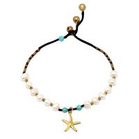 Fashion Jewelry Anklet, Freshwater Pearl, with turquoise & Wax Cord & Brass, Bohemian style & for woman Approx 9.6 Inch 
