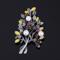 Edelstein Brosche, Zinklegierung, mit Edelstein & Kunststoff Perlen, Baum, plattiert, Modeschmuck, weiß, 50x75mm, verkauft von PC