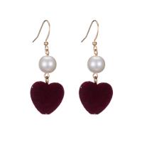 Plastic Pearl Zinc Alloy Earring, with Velveteen & Plastic Pearl, Heart, gold color plated, fashion jewelry & for woman, red, 55mm 