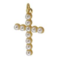 Brass Cross Pendants, with Plastic Pearl, gold color plated, fashion jewelry & DIY & for woman, 17*26*4mm Approx 3mm 