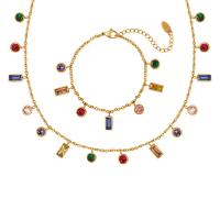 Titanium Steel Jewelry Set, bracelet & necklace, Vacuum Ion Plating & micro pave cubic zirconia & for woman, multi-colored 