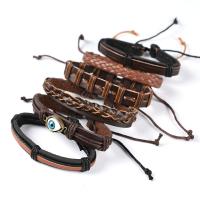 Cowhide Bracelets, with PU Leather & Wax Cord & Zinc Alloy, handmade, 6 pieces & fashion jewelry & Unisex & evil eye pattern, deep coffee color cm 