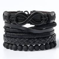 Wrap Bracelets, Cowhide, with rhinestone zinc alloy spacer & PU Leather & Wax Cord & Wood, handmade, 4 pieces & fashion jewelry & Unisex, black cm 