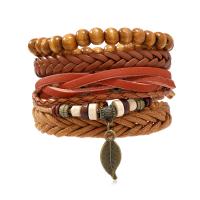 Wrap Bracelets, PU Leather, with Wax Cord & Wood & Zinc Alloy, handmade, 4 pieces & fashion jewelry & Unisex cm 