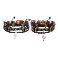 Cowhide Bracelets, with Wax Cord & Cats Eye & Wood & Zinc Alloy, handmade, fashion jewelry & multilayer & Unisex cm 
