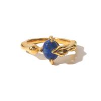 Gemstone Stainless Steel Finger Ring, 316 Stainless Steel, with Lapis Lazuli, 18K gold plated & for woman, US Ring 