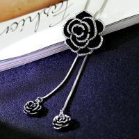 Zinc Alloy Sweater Chain Necklace, Rose, fashion jewelry & for woman & enamel & with rhinestone, black Approx 90 cm 