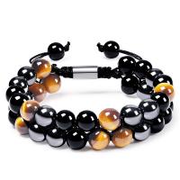 Gemstone Bracelets, Tiger Eye, with Knot Cord & Non Magnetic Hematite, handmade, Double Layer & fashion jewelry & Unisex, 16mm Approx 7.5-11.8 Inch 