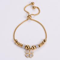 Stainless Steel Charm Bracelet, 304 Stainless Steel, Four Leaf Clover, Vacuum Ion Plating, Adjustable & for woman & with rhinestone, golden Approx 6.69-9.84 Inch 