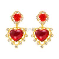 Resin Zinc Alloy Earring, with Resin, Heart, gold color plated, for woman & with rhinestone 