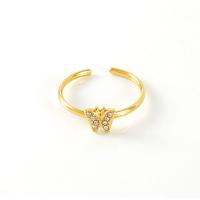 Titanium Steel Finger Ring, Butterfly, 18K gold plated, adjustable & for woman & with rhinestone 