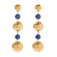 Gemstone Drop Earring, Brass, with Lapis Lazuli, gold color plated, vintage & for woman 