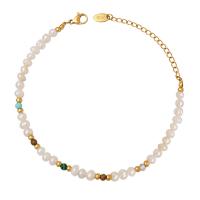 Cultured Freshwater Pearl Bracelets, with Titanium Steel & Gemstone, with 5cm extender chain, Vacuum Ion Plating, Bohemian style & for woman, 4mm Approx 20 cm 