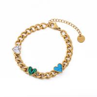 Stainless Steel Chain Bracelets, 304 Stainless Steel, with Gemstone, with 5cm extender chain, Heart, Vacuum Ion Plating, fashion jewelry, golden cm 