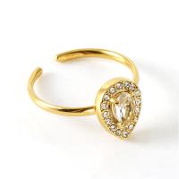 Titanium Steel Finger Ring, Teardrop, 18K gold plated, adjustable & micro pave cubic zirconia & for woman 