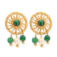Stainless Steel Drop Earring, 304 Stainless Steel, with Malachite & Plastic Pearl, gold color plated, fashion jewelry & for woman & hollow 