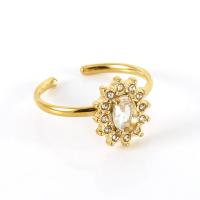 Titanium Steel Finger Ring, Flower, 18K gold plated, adjustable & micro pave cubic zirconia & for woman 