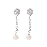 Cubic Zirconia Micro Pave Brass Earring, with Plastic Pearl, platinum plated, micro pave cubic zirconia & for woman 