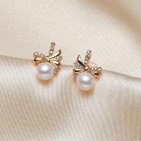 Freshwater Pearl Brass Earring, with Brass, 925 sterling silver post pin, gold color plated, Natural & fashion jewelry & for woman & with rhinestone, multi-colored, 6-7mm 
