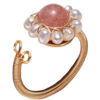 Cultured Freshwater Pearl Finger Ring, with Strawberry Quartz & Brass, gold color plated, Natural & Adjustable & fashion jewelry & for woman, two different colored, 3-4mm 