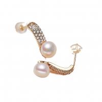 Freshwater Pearl Brass Earring, with Brass, 925 sterling silver post pin, gold color plated, Natural & fashion jewelry & for woman & with rhinestone, two different colored, 7-8mm 