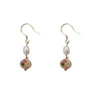 Freshwater Pearl Brass Earring, with Lampwork & Brass, 925 sterling silver earring hook, 14K gold plated, Natural & fashion jewelry & for woman 