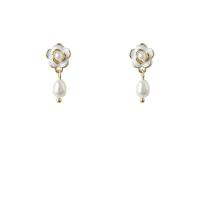 Freshwater Pearl Brass Earring, with Brass, 925 sterling silver post pin, 14K gold plated, Natural & fashion jewelry & for woman & enamel 