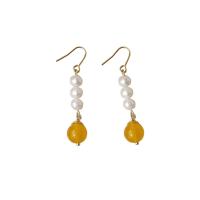 Freshwater Pearl Brass Earring, with Jade Yellow & Brass, 14K gold plated, Natural & fashion jewelry & for woman, two different colored 
