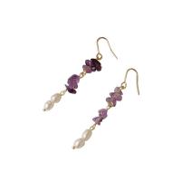 Freshwater Pearl Brass Earring, with Amethyst & Brass, 14K gold plated, Natural & fashion jewelry & for woman, two different colored, 57mm 