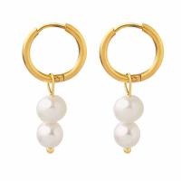 Freshwater Pearl Drop Earring, Titanium Steel, with Freshwater Pearl, Round, Vacuum Ion Plating, for woman 