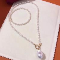 Natural Freshwater Pearl Necklace, with Zinc Alloy, gold color plated & for woman, white, 3-4mm 