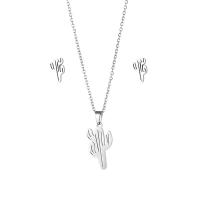 Fashion Stainless Steel Jewelry Sets, 304 Stainless Steel, Stud Earring & necklace, Opuntia Stricta, 2 pieces & fashion jewelry & for woman, silver color Approx 17.72 Inch 