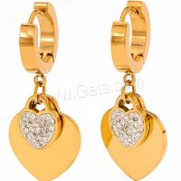 Huggie Hoop Drop Earring, 304 Stainless Steel, Heart, plated, fashion jewelry & with rhinestone, golden 