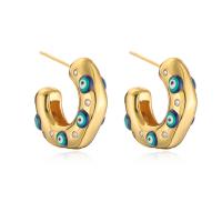 Evil Eye Earrings, Brass, real gold plated, for woman & enamel & with rhinestone 