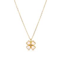 Cats Eye Necklace, Brass, with 304 Stainless Steel Chain, with 2.36inch extender chain, Four Leaf Clover, fashion jewelry & micro pave cubic zirconia & for woman, golden Approx 15.75 Inch 