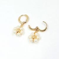 Huggie Hoop Drop Earring, Brass, with Plastic Pearl, Flower, gold color plated, cute & for woman, white, 20-30mm 