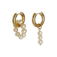 Asymmetric Earrings, Brass, with Plastic Pearl, 18K gold plated, vintage & for woman & hollow, white, 37mm 