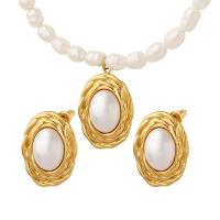 Natural Freshwater Pearl Jewelry Sets, Titanium Steel, Stud Earring & necklace, with Freshwater Pearl & Plastic Pearl, Vacuum Ion Plating & for woman 