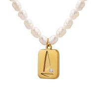 Natural Freshwater Pearl Necklace, with Titanium Steel, with 7cm extender chain, Rectangle, Vacuum Ion Plating, micro pave cubic zirconia & for woman Approx 35 cm 