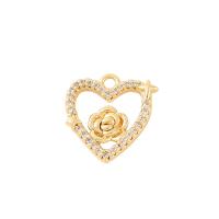 Cubic Zirconia Micro Pave Brass Pendant, Heart, gold color plated, DIY & with flower pattern & micro pave cubic zirconia & hollow 