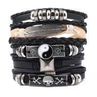 Wrap Bracelets, PU Leather, with Cowhide & Wax Cord & Zinc Alloy, handmade, 5 pieces & fashion jewelry & Unisex, black 