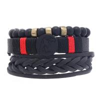 Wrap Bracelets, PU Leather, with Wax Cord & Wood & Zinc Alloy, handmade, three pieces & fashion jewelry & Unisex, black 