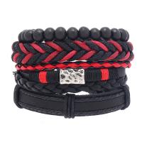 Wrap Bracelets, PU Leather, with Wax Cord & Wood & Zinc Alloy, handmade, 4 pieces & fashion jewelry & Unisex, black 