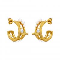 Cubic Zirconia Micro Pave Brass Earring, with Cubic Zirconia & Plastic Pearl, Letter C, Vacuum Ion Plating, for woman 