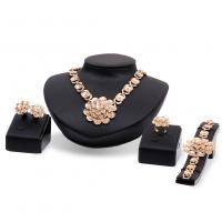 Rhinestone Zinc Alloy Jewelry Set, Stud Earring & finger ring & bracelet & necklace, Flower, gold color plated, 4 pieces & for woman & with rhinestone 