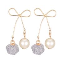 Plastic Pearl Zinc Alloy Earring, with Plush & Plastic Pearl, Bowknot, gold color plated, fashion jewelry & for woman, 40mm 