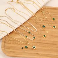 Rhinestone stainless steel Jewelry Set, 304 Stainless Steel, with Emerald & Plastic Pearl, with 1.97inch extender chain, Vacuum Ion Plating & for woman & with rhinestone, golden Approx 15.75 Inch 