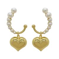 Brass Drop Earring, with Plastic Pearl, Heart, real gold plated, fashion jewelry & for woman 