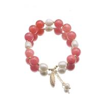 Bracelets perles de pierres semi-précieuses, perle d'eau douce cultivée, avec rouge de cerise & laiton, feuille, Plaqué or 18K, bijoux de mode & pour femme Environ 6.7-7 pouce, Vendu par PC