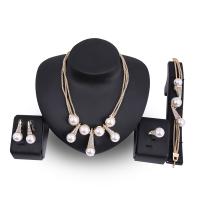 Rhinestone Zinc Alloy Jewelry Set, finger ring & bracelet & earring & necklace, with Plastic Pearl, gold color plated, 4 pieces & for woman & with rhinestone 